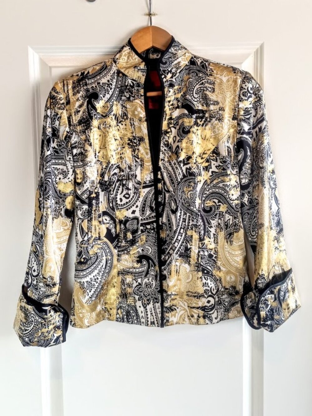 JS Collections Black Gold Metallic Silk Print Jacket